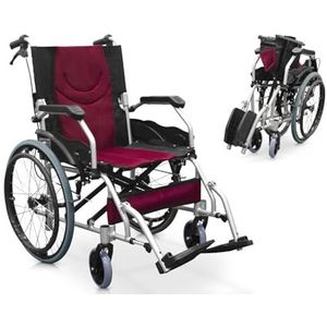 QUIRUMED Pro Light Opvouwbare rolstoel van aluminium, eenvoudig te bedienen en inklapbaar, vaste armleuningen, inklapbare voetsteunen, handmatige remmen, zwart en rood, aluminium