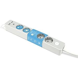 Garza Design stekkerdoos met schakelaar, 5 stopcontacten, 2 USB's, kabel 1,4 m, platte stekker, kinderbeveiliging, grijs