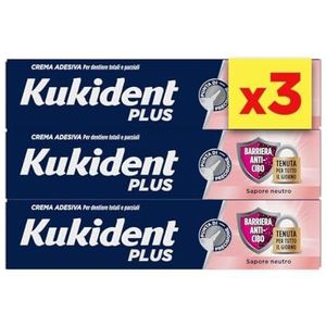 Kukident Plus Zelfklevende crèmezegel, tandlijm voor totaal en gedeeltelijke tanden, 3 verpakkingen à 35 g, neutrale smaak, anti-lek-technologie