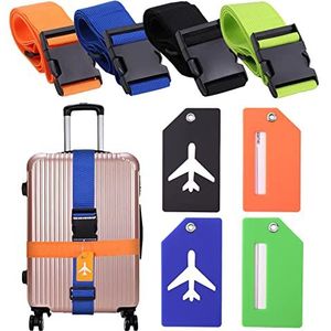 Vinabo 4 verstelbare bagageriemen met gesp, 4 bagagelabels met naamplaatje en adresetiketten voor reizen in alle veiligheid in het vliegtuig, bagage, vaste bagage
