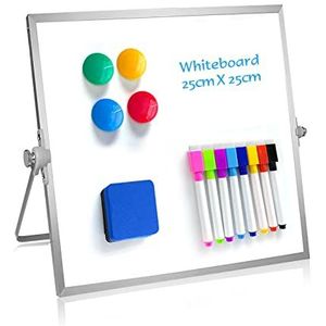 OWill Dry Erase Whiteboard, 25 x 25 cm klein whiteboard met standaard, mini whiteboard magnetisch desktop whiteboard & draagbare dubbelzijdige whiteboard-ezel voor tekenen op school en thuis