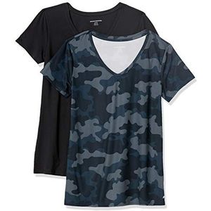 Amazon Essentials Dames Tech Stretch T-shirt met korte mouwen en V-hals (verkrijgbaar in grote maten), 2-Pack, Marineblauw Camo/Zwart, S