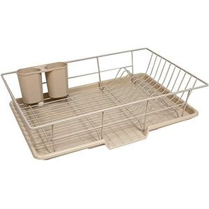 Sweet Home Collection 3-delige afdruiprek set met droogplank en gebruiksvoorwerpenhouder, metalen kunststof, beige