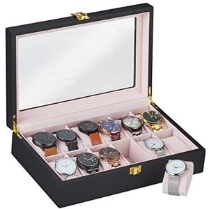 Relaxdays Horlogebox, 12 vakken, fluwelen horlogekussen, glazen venster, h x b x d: 8,5 x 31,5 x 21 cm, horlogedoos, MDF, zwart-roze