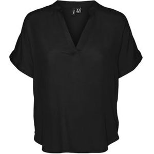 VERO MODA women top casual splitneck turned-up cuffs blouse short sleeve, Colour:Black, Size:XS