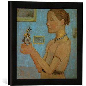 Ingelijste afbeelding van Paula Modersohn-Becker Jong meisje met gele bloemen in glas, kunstdruk in hoogwaardige handgemaakte fotolijst, 30 x 30 cm, mat zwart