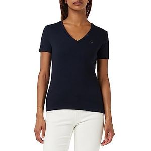 Tommy Hilfiger Dames T-shirt met korte mouwen, slim cody rib, V-hals, blauw (Desert Sky), XXS