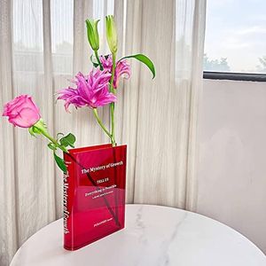 Puransen Boekvaas voor bloemen esthetische kamerdecoratie, artistieke en culturele smaak decoratieve acryl vaas, uniek accent voor thuis/slaapkamer/kantoor, een boek over bloemen (helder rood)