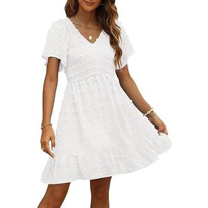 TECREW Dames gesmokte korte mouw V-hals mini-jurk zomer Zwitserse stip vloeiende korte jurk, Wit, S