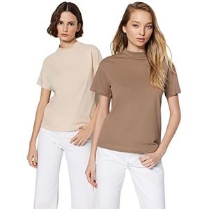 Trendyol Dames Basics Regular Basic Standing Collar Knit T-Shirt, Beige, S