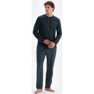 Dagi Heren Navy Half-Placket Long Sleeve Modal Jersey Shirt en Broek Pyjama Set, L, Donkerblauw, L