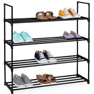 Relaxdays schoenenrek metaal, 4 etages, voor 16 paar schoenen, HBD: 91.5 x 90.5 x 30.5 cm, opbergrek schoenen, zwart
