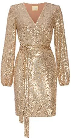 Swing Fashion INES | gouden mini-jurk voor dames | elegante feestelijke partyjurk | avondjurk | bruiloftsjurk | glanzende korte jurk | glitterjurk | sexy | lange mouwen 38 (M), goud, M