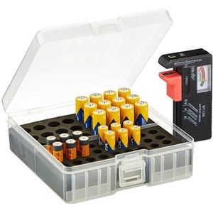 Relaxdays batterij organizer met batterijtester, voor 60 AA & AAA-batterijen, HBD: 5,5 x 15 x 15,5 cm, transparant/zwart
