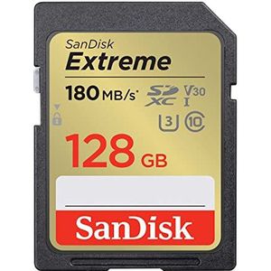 SanDisk Extreme 128 GB SDXC UHS‐I‐Kaart (RescuePRO Deluxe Software, Leessnelheden Tot 180 MB/s, 4K UHD, Class 10, UHS-I, U3, V30, 30 Jaar Garantie) Goud