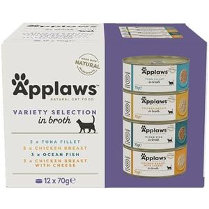 Applaws 100% Natuurlijk Premium Nat Kattenvoer Tonijn, Kip, Gemengde Vis Variëteiten Selectie in Bouillon voor Volwassen Katten - 12 x 70g Blikjes