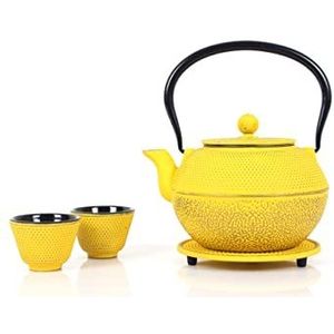 Echtwerk Gietijzeren theeset 1.1 l met uitneembaar zeefje, theepot met onderzetter en 2 theekopjes, vintage theepot voor losse thee Geel