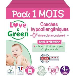 Love & Green - Gezonde en ecologische babyluiers - Maat 4+ (9-20 kg) - 1 maandverpakking (4 stuks = 168 luiers) - Absorberend, anti-lekkage en zonder ongewenste ingrediënten