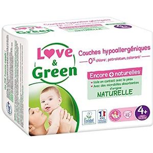 Love & Green - Gezonde en ecologische babyluiers - Maat 4+ (9-20 kg) - 1 maandverpakking (4 stuks = 168 luiers) - Absorberend, anti-lekkage en zonder ongewenste ingrediënten