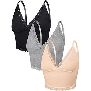 3 stuks Rib Knit Cami Tops Lace Trim Hemdje Mouwloos Verstelbare Riem Crop Top Effen Cami voor Vrouwen, Zwarte, Grijze, Naakte Kleur, L