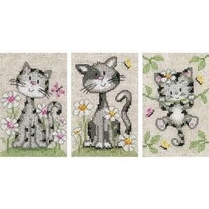 Vervaco Miniaturen katten met bloemen, set van 3 tellen patroonverpakking in getelde kruissteek, katoen, meerkleurig, 8 x 12 x 0,3 cm, 3 stuks