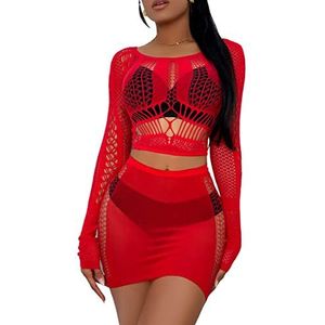 Buitifo Dameslingerieset Sexy Mesh Two Piece Sets Lange Mouwen Tops en Bodycon Rokken, rood, one size