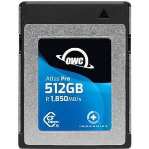 OWC Krachtige CFexpress Type B Atlas Pro geheugenkaart met 512 GB, professionele kwaliteit, tot 1500 MB/s schrijfsnelheid, leessnelheid 1700 MB/s, registreert tot 6K video's met hoge bitsnelheid