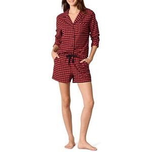 Amazon Essentials Lichtgewicht geweven flanellen pyjamaset voor dames met korte broek, zwart rood mini buffelpatroon, L