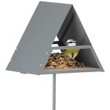 Relaxdays vogelvoederhuisje op paal, metaal, HxBxD: 121 x 25,5 x 19,5 cm, voederhuisje voor kleine vogels, grijs/natuur