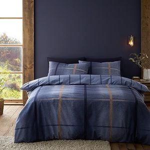 Catherine Lansfield Geborsteld Katoen Melrose Tweed Check Omkeerbare King Dekbedovertrek Set met Kussenslopen Blauw
