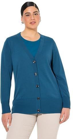 Ulla Popken - Gebreid Vest - Blauw - V-hals - Lange Mouw