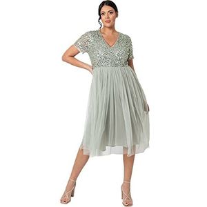 Maya Deluxe Dames Verfraaide Midi Avondjurk Dames V-hals met Korte Mouw voor Prom Bruiloft Bruidsmeisje, Groene Lelie, 40