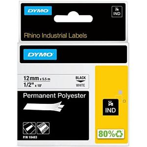 DYMO Rhino Industrie Permanente polyester etiketten, 12 mm x 5,5 m, zwart op wit, zelfklevende tape, voor DYMO Rhino en LabelManager labelmachine