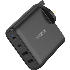 OtterBox Standard UK 100W USB-C PD GaN 4 Port Wandoplader, x2 USB-C PD Ports + x2 USB-A Ports, Snelle oplader voor smartphone en tablet, Zwart
