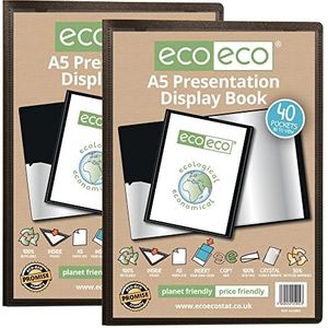 eco-eco A5 formaat 50% gerecycled 40 vakken zwart presentatie display boek, opbergkoffer portfolio kunstmap met plastic hoezen, eco002x2, (Pack van 2 boeken)