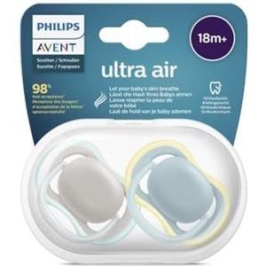 PHILIPS Avent SCF349/01, Pak van 2 Ultra Air-fopspenen, 18 maanden en +, Zachte speen,grijs/groen en blauw/geel