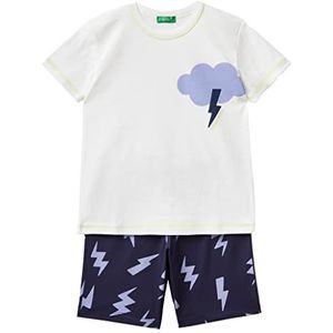 United Colors of Benetton Pig(T-shirt + short) 30960P04I pyjamaset, meerkleurig, wit en blauw met patroon 074, XS, kinderen, Meerkleurig: wit en blauw patroon 074, XS