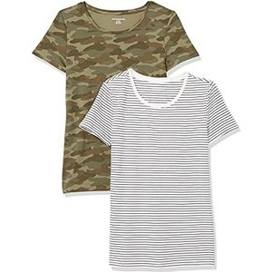 Amazon Essentials Women's T-shirt met korte mouwen en ronde hals in klassieke pasvorm, Pack of 2, Olijfgroen Camo/Wit Streep, S
