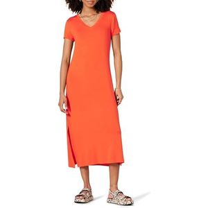 Amazon Essentials Dames jersey V-hals korte mouw midi-lengte jurk, koraaloranje, Large