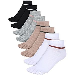 Bencailor 4 Pair Women Toe Socks Striped Cotton Crew Socks with Toes Separated for Women Men Athletic Running(Black, White, Grey, Khaki)