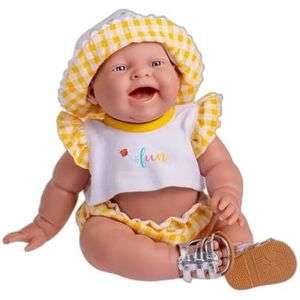 JC Toys Lola Lemon Twist Pop van zacht vinyl, 36 cm, glimlachend gezicht, zittende pop, kleding bedrukt vichy en sandalen, meisjes, gemaakt in Spanje, 2 jaar