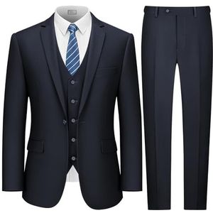 LUPURTY Pakken voor heren, 3-delig herenpak, slim fit, effen jas, vest broek met stropdas, smokingsset met één knop, Donkere marine, 4XL