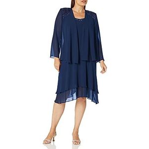 S.L. Fashions Women's Plus Size Embellished Tiered Mother of The Bride Gown with Jacket, Wedding Guest, Formal Event Dress, Navy, 22W