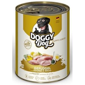 DOGGY Dog Paté Gevogelte Puppy/Junior, 6 x 800 g, nat voer voor jonge honden, graanvrij puppyvoer met zalmolie en groenlipmossel, hondenvoer met aardappelen en wortel, Made in Germany