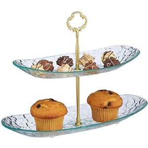 Relaxdays etagere 2 laags, muffins, cupcakes, hapjes, ovaal, glas, HBD 25x33.5x13 cm, serveerschaal, goud/doorzichtig