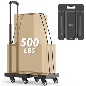 TOOLIOM Opvouwbare steekwagen, 500 lbs Heavy Duty Opvouwbare Bagage Kar met 6 Wielen & 2 Elastische Touwen, Draagbare Opvouwbare Dolly Cart met Uitschuifbare Basis