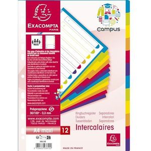 Exacompta - Ref. 3812E - Karton met 15 tabbladen van hard polypropyleen met 12 neutrale Campus tabbladen - Indexpagina bedrukbaar - A4 maxi formaat - Doorschijnende kleuren