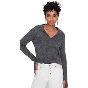 Trendyol Dames poloshirt hals effen regular sweater sweatshirt, antraciet, M, Grijs, M