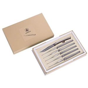 LAGUIOLE - Set van 6 tafelmessen design – roestvrij staal, handvat van zebrahout – strakke lijn voor een trendy tafel