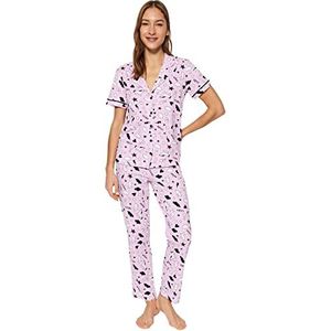 Trendyol Dames grafische biezen gedetailleerde midden gebreide shirt-broek pyjama set, lichtroze, M, Lichtroze, M